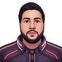 An AI generated image of Lucas Queiroz, wearing a space suit, using the Rosé Pine color palette.